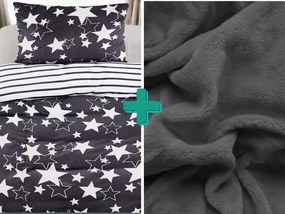 Lenjerie de pat din microplus STARS gri + cearceaf din microplus SOFT 90x200 cm gri inchis