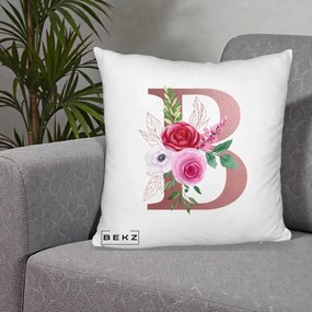 Cadou Personalizat - Perna Personalizata Monograma Rose Gold Litera B, 40x40 cm, Alb Pufos, Husa Detasabila, Perna Inclusa, BEKZ®