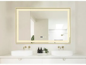 Oglindă Baie LED și Dezaburire Elit's Premium cu Senzor Touch, Lumina Rece, Caldă și Neutră, 100x65cm, cu rama Bronz Antichizat, Ceas