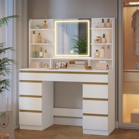 Masuta machiaj cu Oglinda LED si 9 Sertare pentru Cosmetice, Set Masa toaleta 109 cm, Alb, masuta cosmetica, vanity - SEA18