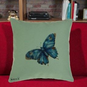 Perna Decorativa Fluture Albastru Satin cu Pete Aurii, 40x40 cm, Verde, Husa Detasabila, Perna Inclusa, BEKZ®