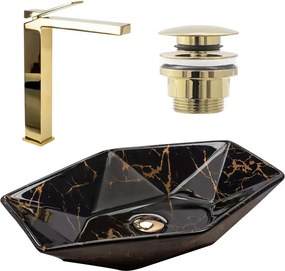 Set lavoar pe blat Rea Vegas negru marmura + baterie Duet + ventil Click-Clack universal