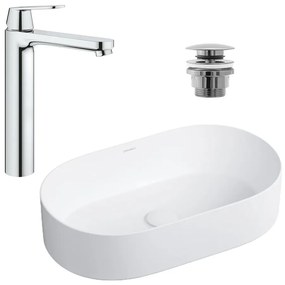 Pachet lavoar pe blat Omnires Mesa alb 53.5 cm, baterie lavoar Grohe Eurosmart Cosmopolitan XL crom si ventil lavoar Click-Clack crom