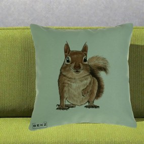 Perna Decorativa Veverita Acuarela, 40x40 cm, Verde, Husa Detasabila, Perna Inclusa, BEKZ®