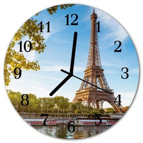Ceas de perete din sticla rotund Turnul Eiffel Paris Brown City, Albastru