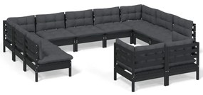 Set mobilier gradina cu perne, 11 piese, negru, lemn masiv pin Negru, 1
