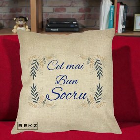 Cadou pentru Socru - Perna Personalizata Cel mai Bun Socru cu Ramuri Frunze Albastre si Aurii, 40x40 cm, Crem, Husa Detasabila, Perna Inclusa, BEKZ®