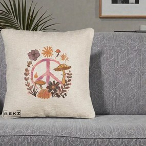 Perna Decorativa Peace Ciuperci Boho, 40x40 cm, Bej Canapea, Husa Detasabila, Perna Inclusa, BEKZ®