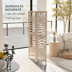 HOMCOM Paravan cu 3 Panouri, Separator Pliabil cu Design Frunze pentru Interior, Finisaj Natural | Aosom Romania
