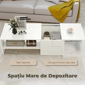 HOMCOM Măsuță de Cafea din Lemn cu Blat Glisant și Raft Deschis și Ascuns, 110x52x36 cm, Alb | Aosom Romania