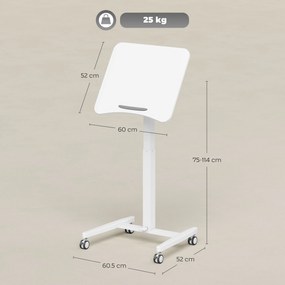 HOMCOM Birou Reglabil pe Înălțime, Blat Inclinabil, Roți și Cadru din Oțel, 60,5 x 52 x 75-114 cm, Alb | Aosom Romania