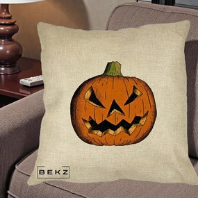 Perna Decorativa Halloween Dovleac Portocaliu Clasic, 40x40 cm, Crem, Husa Detasabila, Perna Inclusa, BEKZ®