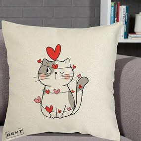 Perna Decorativa Pisica Kawaii cu Inimi, 40x40 cm, Ecru, Husa Detasabila, Perna Inclusa, BEKZ®