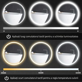 kleankin Oglindă de baie rotundă cu LED 80 cm, 3 culori, 3000-6500K, comenzi touch, memorie, antiaburire | Aosom Romania