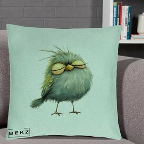 Perna Decorativa Pasare Teal Adormita cu Ochi Galbeni, 40x40 cm, Verde Menta, Husa Detasabila, Perna Inclusa, BEKZ®