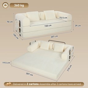 HOMCOM Canapea extensibilă 3 locuri 5 în 1, pliabilă, cu 2 perne din chenille, umplutură groasă, fără montaj, alb | Aosom Romania