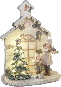 Decor Craciun cu LED ,   Casuta cu brad si colindatori in haine crem JOY,16x21cm