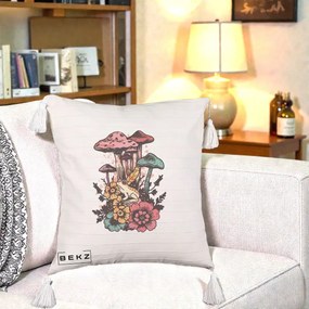 Perna Decorativa Ciuperci si Broaste Boho, 40x40 cm, Bej cu Franjuri, Husa Detasabila, Perna Inclusa, BEKZ®