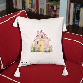 Perna Decorativa Casuta Roz Acuarela cu Gradina, 40x40 cm, Bej cu Franjuri, Husa Detasabila, Perna Inclusa, BEKZ®