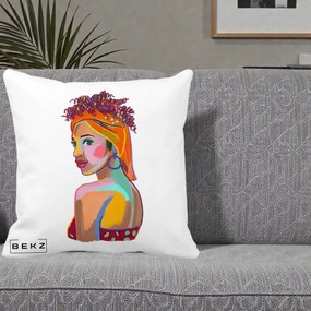 Perna Decorativa Portret Femeie Colorat Pop Art, 40x40 cm, Alba Mata, Husa Detasabila, Perna Inclusa, BEKZ®