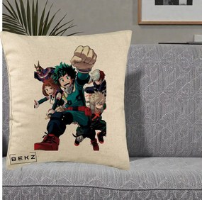 Perna Personalizata My Hero Academia Izuku Deku si Echipa, 40x40 cm, Bej, Husa Detasabila, Perna Inclusa, BEKZ®