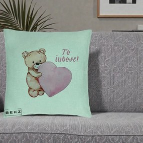 Cadou Romantic - Perna Personalizata Te Iubesc Ursulet cu Inima Roz Acuarela, 40x40 cm, Verde Menta, Husa Detasabila, Perna Inclusa, BEKZ®