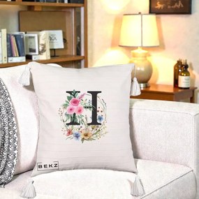 Cadou Personalizat - Perna Personalizata Monogram Litera H cu Flori Acuarela, 40x40 cm, Bej cu Franjuri, Husa Detasabila, Perna Inclusa, BEKZ®