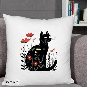 Perna Decorativa Pisica Neagra Flori Rosii Folk, 40x40 cm, Alb Pufos, Husa Detasabila, Perna Inclusa, BEKZ®