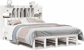 vidaXL Pat cu bibliotecă fără saltea, alb, 150x200 cm, lemn masiv pin