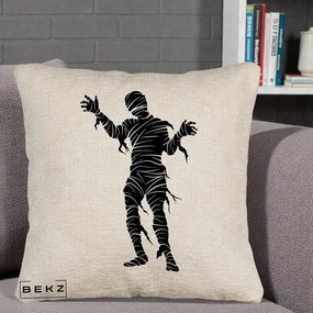 Perna Decorativa Mormii Infricosat Silueta Neagra Halloween, 40x40 cm, Bej Canapea, Husa Detasabila, Perna Inclusa, BEKZ®