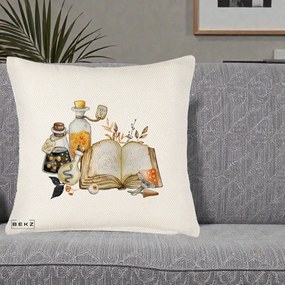 Perna Decorativa Grimoire Vrajitoare si Filtre Magice Halloween, 40x40 cm, Crem Reliefat, Husa Detasabila, Perna Inclusa, BEKZ®