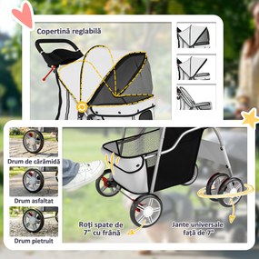 PawHut Cărucior pentru Câini de Talie Mică Pliabil, cu Roți Pivotante 360°, Coș de Depozitare, Pernă Lavabilă, Gri | Aosom Romania