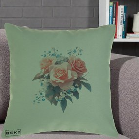 Perna Decorativa Trandafiri Roz cu Floricele Albastre, 40x40 cm, Verde, Husa Detasabila, Perna Inclusa, BEKZ®