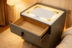 Noptieră inteligentă, încărcare Wireless și port USB+USB C, 3 sertare, 3 tipuri de iluminare LED touch, 3 tipuri de culoare, sticla securizata, Gri