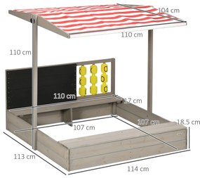 Outsunny Caz de nisip pătrat din lemn pentru copii cu bănci acoperiș reglabil, tablou și jocuri 114 x 113 x 110 cm gri | Aosom Romania