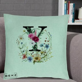 Cadou Personalizat - Perna Personalizata Monograma Florala Litera Y cu Coroana, 40x40 cm, Verde Menta, Husa Detasabila, Perna Inclusa, BEKZ®