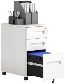 Vinsetto Dulap cu Sertare pentru Birou cu 5 Roți, 3 Sertare cu Încuietoare și Chei, 30x43.5x60 cm, Alb | Aosom Romania