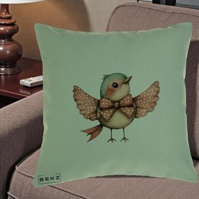Perna Decorativa Pasare Roz cu Aripi si Fundita, 40x40 cm, Verde, Husa Detasabila, Perna Inclusa, BEKZ®