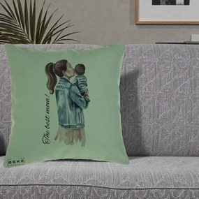 Cadou pentru Mama - Perna Personalizata The Best Mom Jachete, 40x40 cm, Verde, Husa Detasabila, Perna Inclusa, BEKZ®