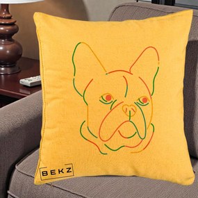 Perna Decorativa Bulldog Francez Line Art Curcubeu, 40x40 cm, Galben, Husa Detasabila, Perna Inclusa, BEKZ®