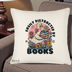 Perna Personalizata Easily Distracted by Books, 40x40 cm, Crem Reliefat, Husa Detasabila, Perna Inclusa, BEKZ®