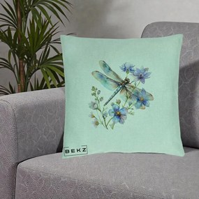 Perna Decorativa Libelula Acuarela Flori Albastre, 40x40 cm, Verde Menta, Husa Detasabila, Perna Inclusa, BEKZ®