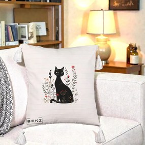 Perna Decorativa Pisica Neagra Botanica Rosu-Gri, 40x40 cm, Bej cu Franjuri, Husa Detasabila, Perna Inclusa, BEKZ®