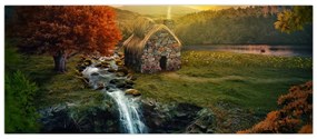 Tablou cu căbănuță în peisaj de poveste (120x50 cm)