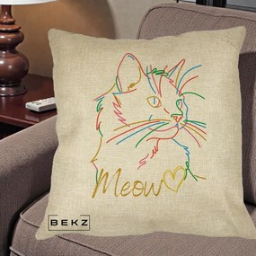 Perna Personalizata Pisica Meow Arta Linie Colorata, 40x40 cm, Crem, Husa Detasabila, Perna Inclusa, BEKZ®