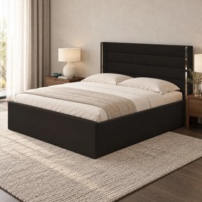 Pat tapițat din catifea Veyra 160×200 cm, negru, detalii argintii, cu ladă de depozitare