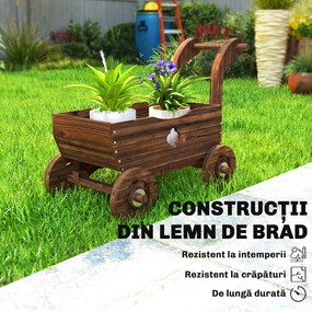 Outsunny Strat Înălțat pentru Grădină în Formă de Cărucior cu 4 Roți și Mâner, Ghiveci din Lemn de Molid cu Găuri de Drenaj, pentru Balcon, Terasă, 68x38x52 cm, Finisaj Carbonizat | Aosom Romania