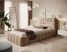 Pat maro deschis tapițat cu spațiu de depozitare cu somieră 90x200 cm Lamica – ELTAP