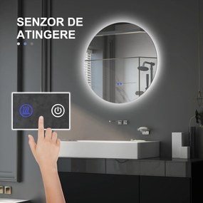 kleankin Oglindă de Baie Rotundă cu Lumină LED în 3 Culori și Întrerupătoare Touch, Ø70x3,5 cm, Transparet | Aosom Romania