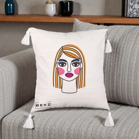 Perna Decorativa Portret Pop Art Fata, 40x40 cm, Bej cu Franjuri, Husa Detasabila, Perna Inclusa, BEKZ®